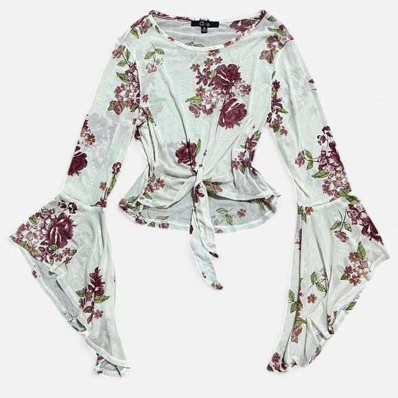 Cleo Off-White & Pink Sheer Floral Mesh Long Bell Sleeve Fairycore Tie Front Top - Picture 1 of 8